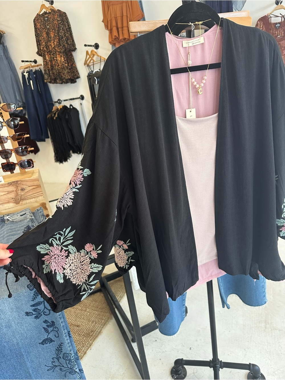 lovestitch Black Open-Front Kimono with Pink & Sage Floral Embroidery